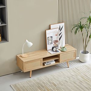 Mobile TV in Legno Massello da 140 cm con Gambe in Rattan, Ripiano Regolabile e Doppie Ante Scorrevoli - Mobile Contenitore Naturale per Soggiorno - Product Image 2