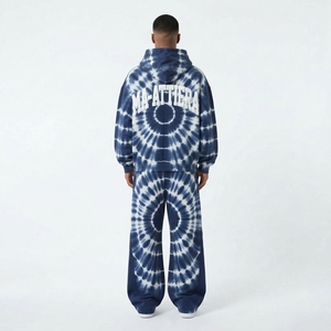 Conjunto de Sudadera con Capucha y Pantalones Tie Dye Azul Marino para Hombre, Sudadera con Cierre y Capucha, Pantalones Anchos con Detalle de Tachuelas, Traje Deportivo de Dos Piezas - Product Image 4