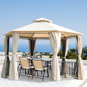 Tenda per Feste 13FT X 13FT Beige, Impermeabile, Esagonale, per Esterni, in PVC e Poliestere, con Pareti Laterali in Alluminio e Tende a Rete - Product Image 2