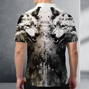Polo pour homme avec imprimé loup artistique blanc et noir |   T-shirt à col zippé 1/4 en sublimation numérique |   Haut décontracté à motif animal gothique moderne - Product Image 3