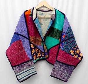 Veste Kantha vintage haut de gamme pour femme, 100% coton, patchwork dessiné à la main, col mandarin, manches régulières, style bohème, écologique - Product Image 2