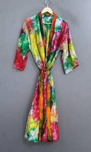 <b>Women</b> Tie Dye <b>Robe</b> Long Sleeve Full Length Casual Sleepwear Soft Woven Polyester Drawstring Closure Summer Wear - Product Image 2