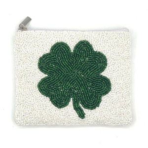 Mini pochette à monnaie perlée, trèfle porte-bonheur vert et blanc, pochette zippée perlée - Product Image 6