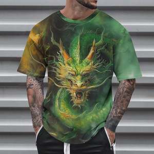 T-shirt à manches courtes pour homme, imprimé dragon vert, col rond, coupe classique, respirant, en coton tricoté, logo sur le devant, 300g - Product Image 4
