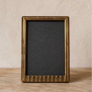 Artisan Cast Metal <b>Gold</b> Picture <b>Frame</b> Ribbed Plinth Base Slender Reed Rim Tabletop Display - Product Image 1