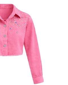 Chaqueta Vaquera Corta Rosa Personalizada para Mujer con Detalles de Pedrería, Botones, Manga Larga, Estilo Casual y Urbano - Product Image 4
