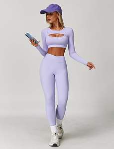 Ensembles de sport 2 pièces pour femmes : Leggings évasés taille haute sans couture et hauts courts à découpes à manches longues pour le yoga - Product Image 4