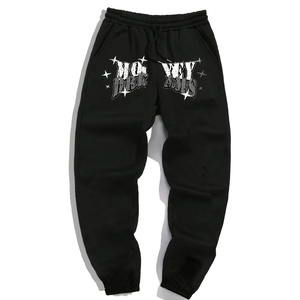 Pantalones Deportivos Negros de Algodón para Hombre, Estilo Urbano, Corte Holgado, Cierre con Cordón, Largos, con Estampado de Letras en la Parte Delantera, Bolsillos Laterales, Casuales de Otoño - Product Image 1