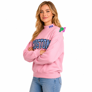 Sweat-shirt rose à col montant avec lettres en vichy et broderie sur le col, sweat-shirt personnalisé à col montant pour femme, pull pour l'automne - Product Image 2
