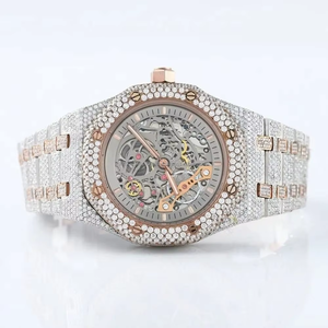 Montre squelette de luxe en quartz, boîtier en acier inoxydable 30 mm, accents or rose, lunette sertie de diamants, bracelet 20 mm, verre résistant à l'eau, unisexe - Product Image 1