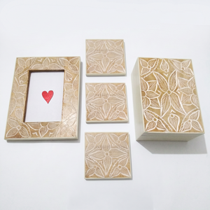 Juego de Posavasos con Patrón Floral Tallado en Madera Natural y Azul, Hecho a Mano, Personalizado, OEM, ODM, con Marco de Fotos y Caja de Almacenamiento, Decoración para el Hogar - Product Image 3