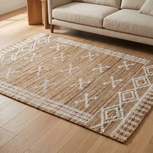 Tapis moderne en jute tissé à la main, marron naturel, crème, motif géométrique losanges, texturé, antidérapant, épais, pour salon et chambre - Product Image 3