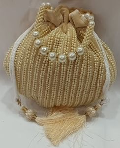 Whimsy Art Craft Handmade Cotton Dhatukala Royal Lucknowi <b>Chikankari</b> Potli Bags Beaded Handle Flap Closure Eco-Friendly Wedding - Product Image 5