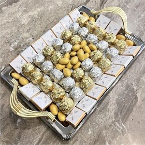 Luxurious <b>Rectangular</b> <b>Mirror</b> Polish Silver Serving Tray with Gold Handles for Wedding Decor, Buffet Party, & Coffee Table Decor - Product Image 1