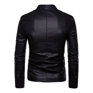Men's <b>Black</b> Genuine Leather <b>Jacket</b> Stand Collar Zipper Closure Slim Fit Moto Biker Style Autumn Wear Regular Sleeve Solid Color - Product Image 2