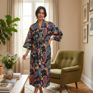 ชุดคลุมกิโมโนผ้าฝ้ายลายดอกไม้สีดำสำหรับผู้หญิง แขนยาว คอวี ชุดคลุมอาบน้ำยาวสำหรับพักผ่อน สปา และรีสอร์ท - Product Image 4