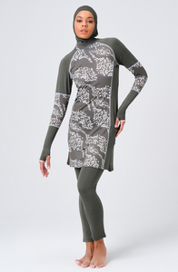Ensemble de bain burkini modeste pour femme, couleur entièrement personnalisable, coupe haute, deux pièces avec motif imprimé, bas de maillot à logo imprimé, Crystal Swim - Product Image 1