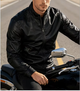 TRIBON SPORTS <b>Men's</b> Black Cow Skin <b>Leather</b> Bomber <b>Jacket</b> Stand Collar Zipper Closure Slim Fit Regular Sleeve Solid Color Winter - Product Image 4