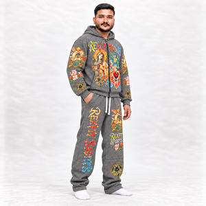 Ensemble de survêtement gris à imprimé graphique unisexe, sweat à capuche zippé et pantalon large, étiquette personnalisée, streetwear coloré, vente en gros - Product Image 3