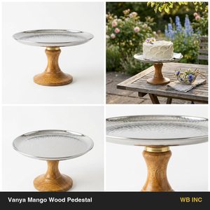 Support à gâteau en forme de rose fait main en acier inoxydable SS304, 28 cm, en acier poli et bois, sûr pour les aliments, piédestal en bois de mangue Vanya, décoration d'intérieur, table de mariage - Product Image 6
