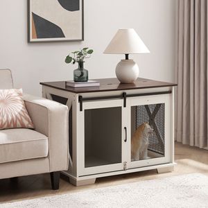 Mesa Auxiliar de Madera Estilo Rústico con Caseta para Perros, Tapa Abatible y Puerta Corredera para Cachorros y Razas Pequeñas - Product Image 1