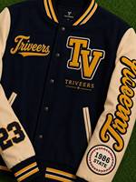 Veste universitaire personnalisée pour homme, design patchwork premium, logo brodé sur le devant, manches en cuir, fermeture à boutons, écologique