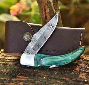 Couteau pliant professionnel en acier Damas forgé à la main, personnalisé, magnifique, pour le camping en plein air, de qualité industrielle, avec étui - Product Image 3