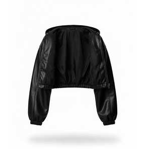 Cropped Hooded Bomber <b>Jacket</b> Women PU <b>Leather</b> Full Sleeve Solid Color Zipper Closure Autumn Style Windproof - Product Image 5