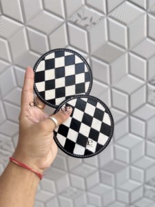 Latest Collection Hand Tooled Leather Tea <b>Coasters</b> Checkers Design <b>Black</b> Colour Handmade Vintage Style Mats For Table Decoration - Product Image 1