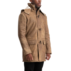 <b>Men's</b> Brown Genuine Leather Shearling Toggle <b>Coat</b> Thick Winter <b>Hooded</b> Long Parka - Product Image 3
