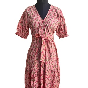 Vestido maxi de otoño informal para mujer 100% algodón indio estampado a mano con decoración bordada - Product Image 1