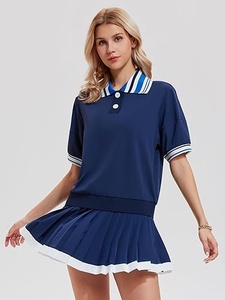 Ensemble de robe de tennis bleu marine pour femmes, col marin, manches courtes, polyester respirant, vêtements de sport d'été, coupe régulière - Product Image 1
