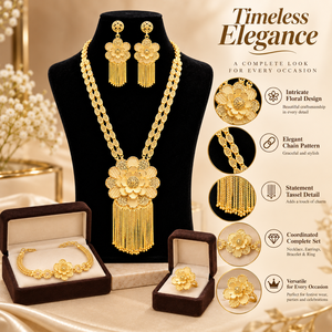 Juego de Joyería Floral Chapado en Oro de 24K, Collar Largo, Aretes, Pulsera y Anillo, Joyería Nupcial India Tradicional para Mujer, Regalo - Product Image 6