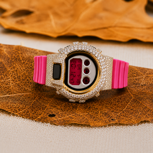 Vibrant Luxury Hip Hop <b>Digital</b> <b>Watch</b> Iced Gold Tone Bezel Stainless Steel Pink Strap Sapphire Crystal Sparkling Stones Quartz - Product Image 1