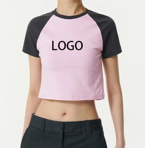 Camiseta Corta de Verano Estilo Retro Americano para Chicas, Camiseta con Cuello Redondo y Mangas Raglán en Contraste, Estampado de Logotipo en el Hombro, Ropa de Primavera y Verano - Product Image 1