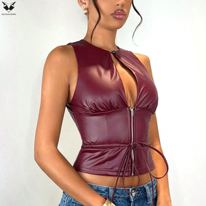 Deep Red Color Sleeveless Zipper Front Slim Fit Club Streetwear Fashion Wear Fully Customized Made OEM ODM Service Leather Vest - Product Image 4