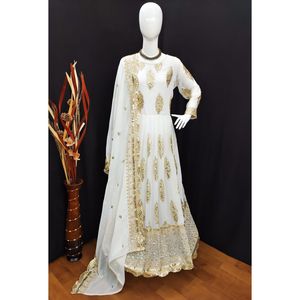 ROBE DE TRAVAIL DE CONCEPTION DE SÉQUENCE DE BRODERIE GEORGETTE LOURDE AVEC DUPATTA BLANC - Product Image 1