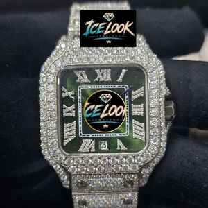 Montre de luxe Ice Look en acier inoxydable à quartz, cadran carré, chiffres romains, lunette en cristal, affichage de la date verte, étanche, 20 mm, tendance - Product Image 5