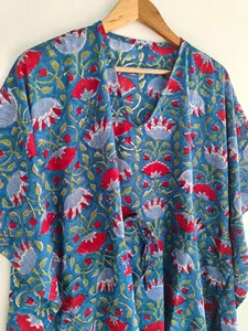Elegante Vestido Kaftán de Algodón con Estampado Floral Azul, Estilo Bohemio, Holgado, Informal, para Vacaciones de Verano - Product Image 3