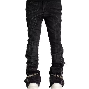 Jeans de mezclilla lavados de corte holgado para hombre, estilo urbano, apilados y acampanados con detalles de cremallera personalizados, de moda. - Product Image 4