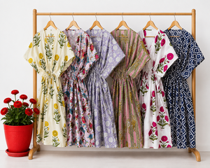 Women Cotton Maxi <b>Kaftan</b> Dress V-neck Boho Floral Printed Eco-Friendly Beach Cover Batwing Sleeve Regular Fit <b>Summer</b> Resort Wear - Product Image 1