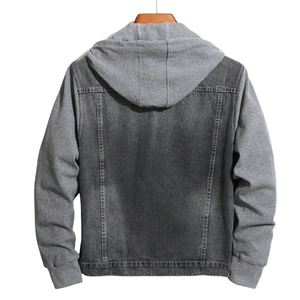 เสื้อแจ็คเก็ตยีนส์มีฮู้ดสำหรับผู้ชาย สีดำ ผ้าฝ้าย ติดกระดุมด้านหน้า แขนยาว สไตล์ลำลอง สตรีทแวร์ ทรงปกติ เสื้อคลุมฤดูหนาว ผ้าซักแล้ว ระบายอากาศได้ดี - Product Image 2