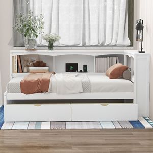 Letto Divano Bianco a Una Piazza con Due Cassetti e Porte USB, Pratici Vani Contenitori per Letti - Product Image 2