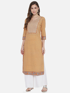 Robe de soirée longue ample à manches trois quarts, style Kurti vintage, imprimé floral traditionnel en coton, imprimé à la main au bloc, coupe trapèze - Product Image 3