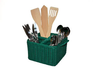 Cesta de mimbre verde artesanal para utensilios, organizador rústico de cocina para cubiertos y cucharas, cesta para botellas de vino, cesta para ollas de encimera - Product Image 1