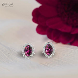 Boucles d'oreilles clous minimalistes en or massif 14 carats avec grenat rhodolite et diamants 0,22 CTW, pierre de naissance de janvier, bijoux fins, vente chaude - Product Image 1