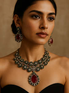 Emerald Royale <b>Ruby</b> Drop <b>Necklace</b> Set Wedding Earrings Designer India Fashion Jewelry Sets Handmade Bulk Product - Product Image 1