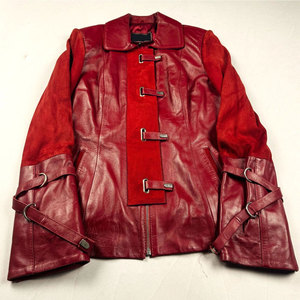 Vintage Red Leather <b>Jacket</b> Buckle Front Biker Motorcycle Genuine Leather Coat 2026 - Product Image 1