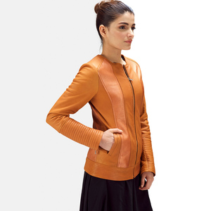 Chaqueta Contemporánea de Cuero Genuino Naranja, Sólida, Impermeable, Ecológica, Ajustada, con Detalle de Costuras en Paneles, para Otoño e Invierno, OEM ODM - Product Image 4