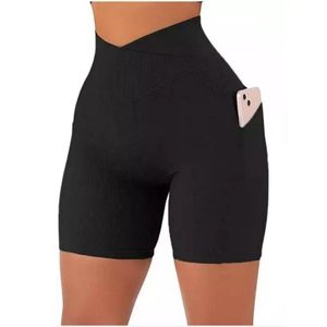 High Waist <b>Women's</b> Breathable Oxford Fabric Elastic Knitted <b>Shorts</b> with Pockets Zipper Fly Casual Fit Regular Style <b>Black</b> - Product Image 1